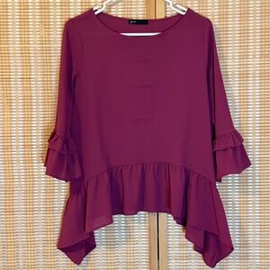 Gibson Womens Medium Burgundy Ruffle Sleeve Peplum Blouse High Low Hem Bohemian